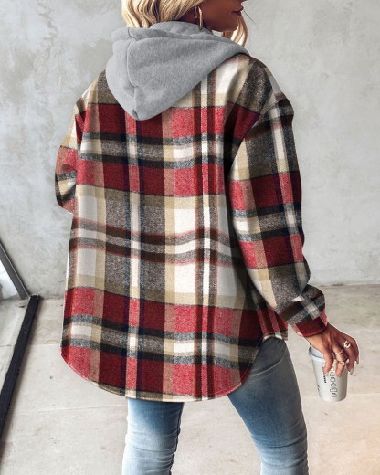 Plaid Pattern Long Sleeve Shacket Button Down Fleece Lined Hooded Jackets Warm Coat