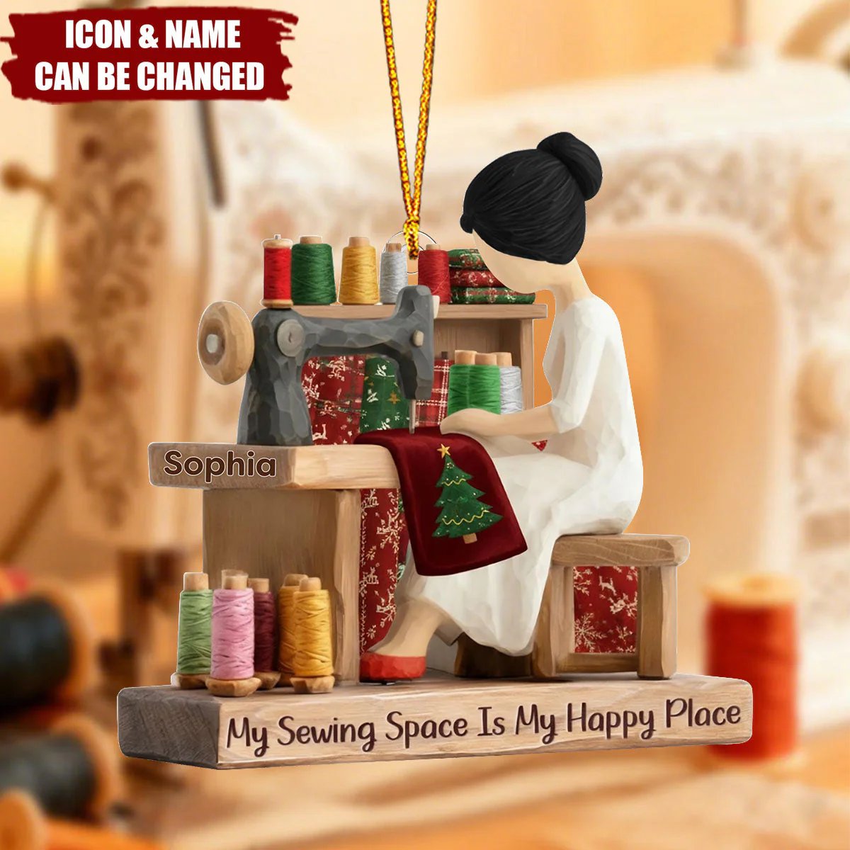 Personalized Sewing Girl Christmas Snow Ornament, Sewing Machine Ornament, Seamstress Gift