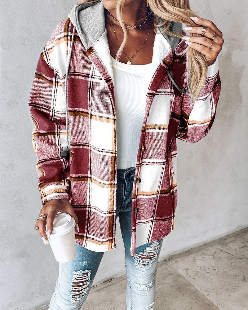 Plaid Pattern Long Sleeve Shacket Button Down Fleece Lined Hooded Jackets Warm Coat
