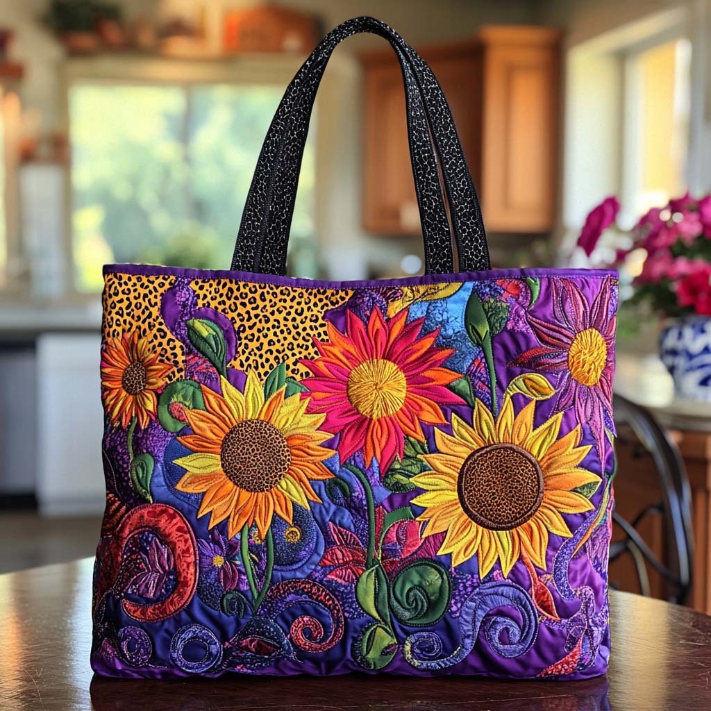 Smiling Sunflower Walk Quilted Tote Bag