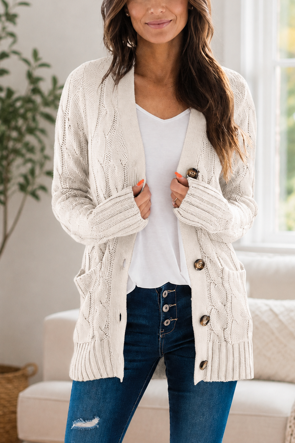 New Arrival🔥Women's Solid-Color Cable-Knit Button-Front Cardigan