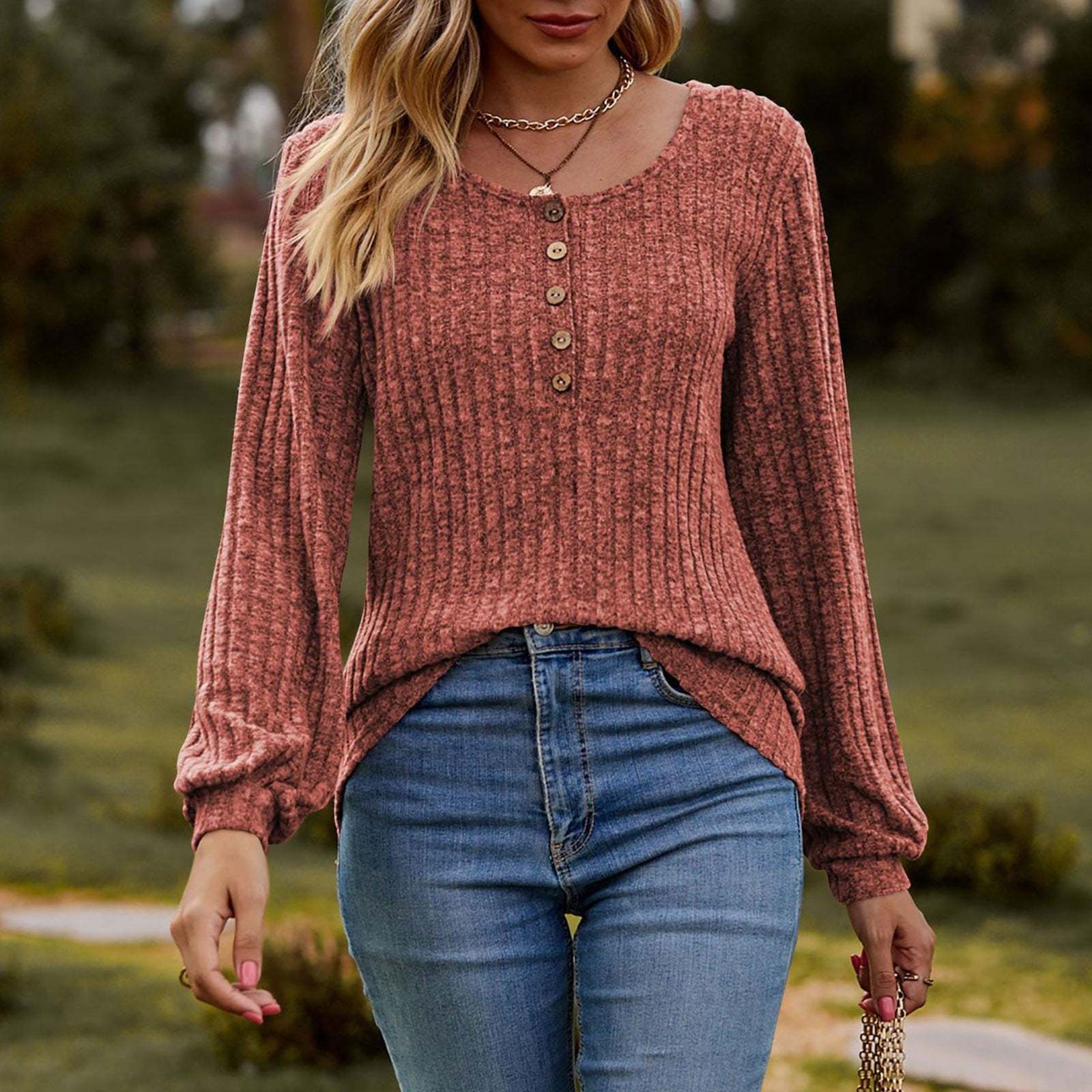 Women's Fall Button Scoop Neck Puff Long Sleeve Henley Shirts