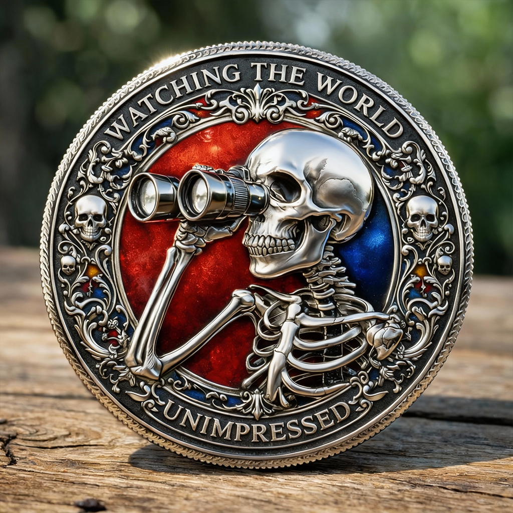 Watching the World Unimpressed Skull Challenge Coin