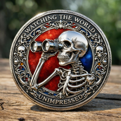 Watching the World Unimpressed Skull Challenge Coin