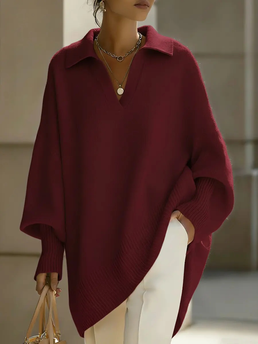 🎄 New Arrivals🔥 Women's Solid Color V-neck Long-sleeved Casual Loose-fitting Knitted Pullover Sweater