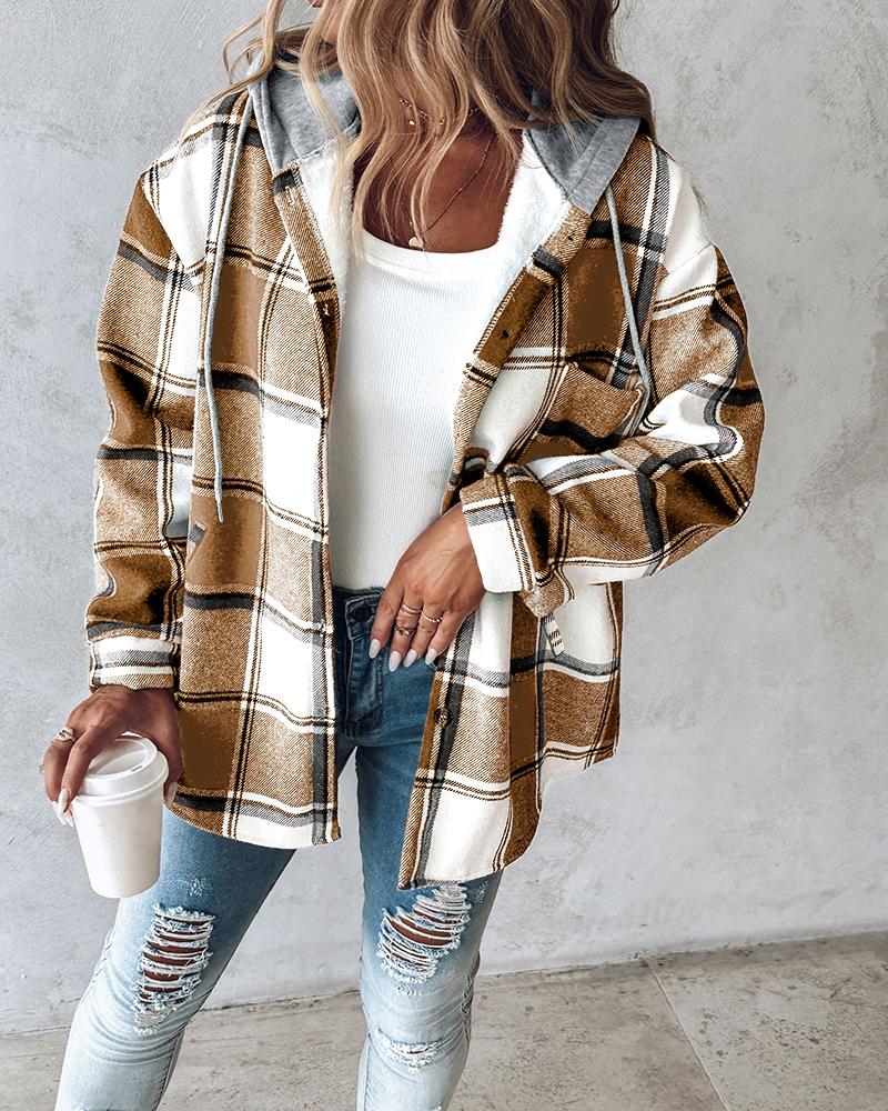 Plaid Pattern Long Sleeve Shacket Button Down Fleece Lined Hooded Jackets Warm Coat