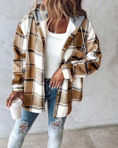 Plaid Pattern Long Sleeve Shacket Button Down Fleece Lined Hooded Jackets Warm Coat