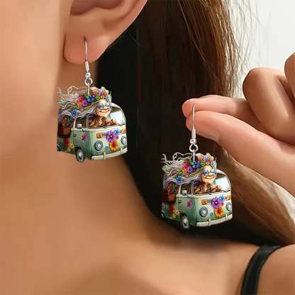 🌸Cute Flowering Van Grandma Pendant Earrings🚐