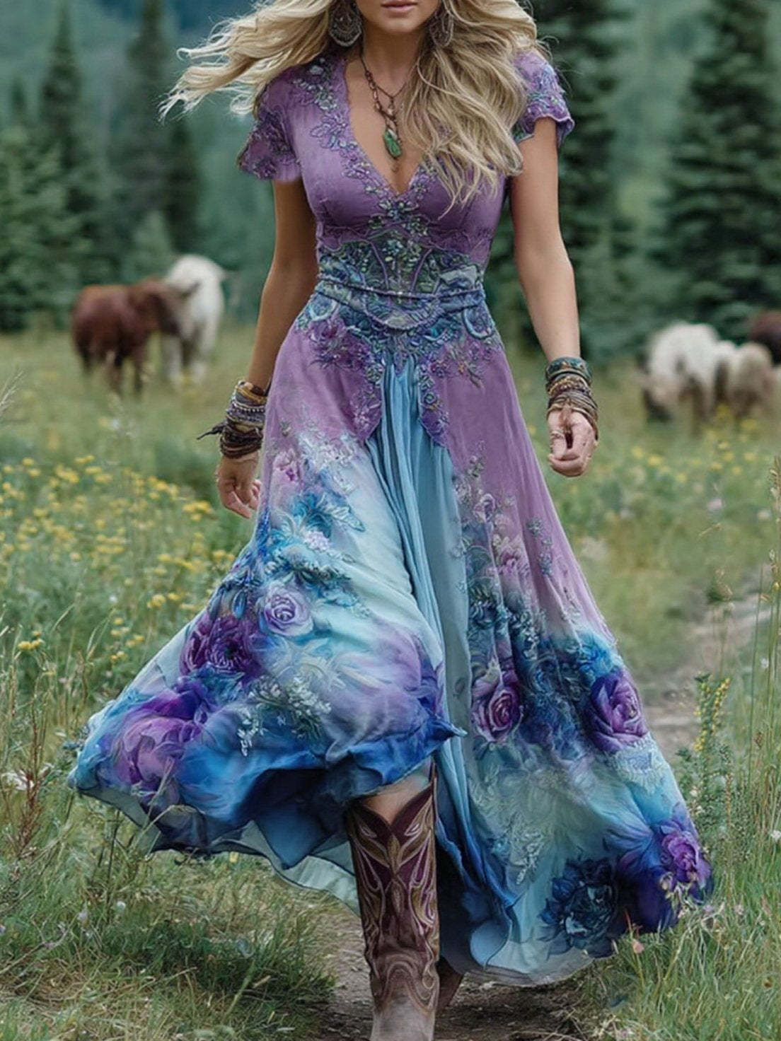 Bohemian style floral embroidered chiffon maxi dress👗