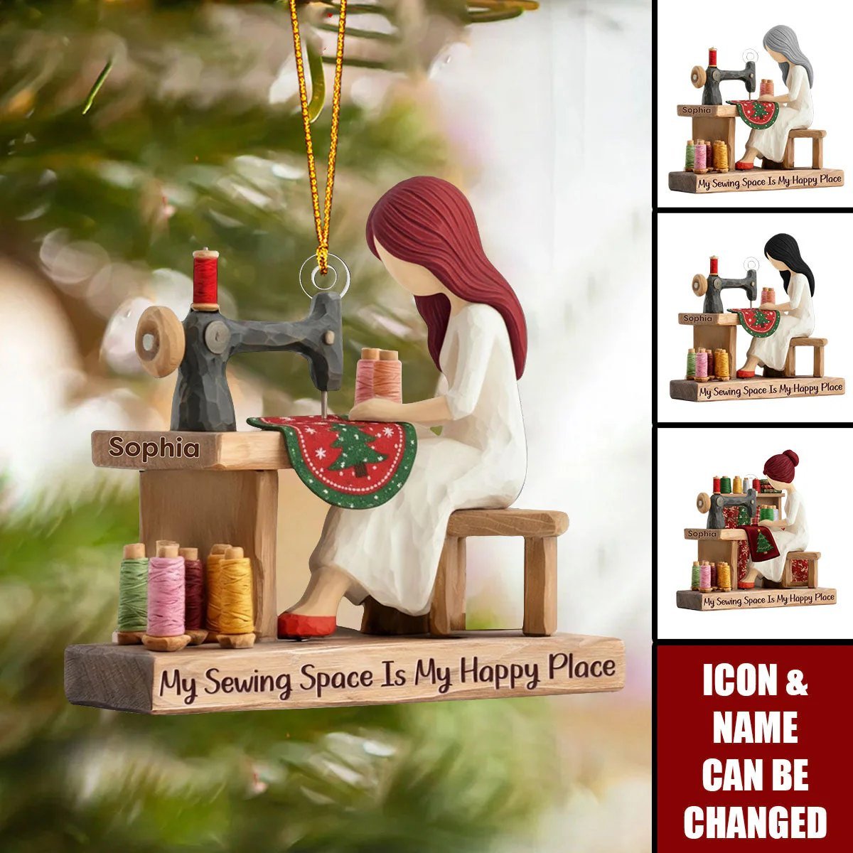Personalized Sewing Girl Christmas Snow Ornament, Sewing Machine Ornament, Seamstress Gift