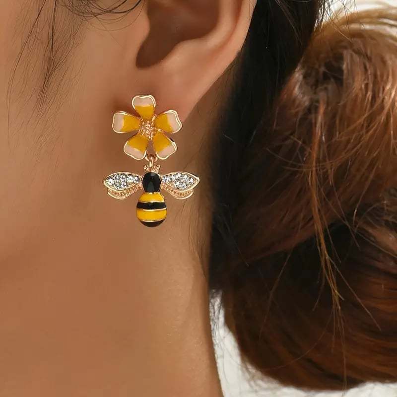 Elegant Enamel Flower Bee Earrings
