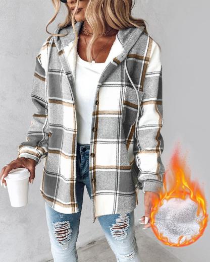 Plaid Pattern Long Sleeve Shacket Button Down Fleece Lined Hooded Jackets Warm Coat