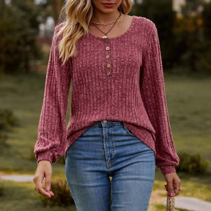 Women's Fall Button Scoop Neck Puff Long Sleeve Henley Shirts