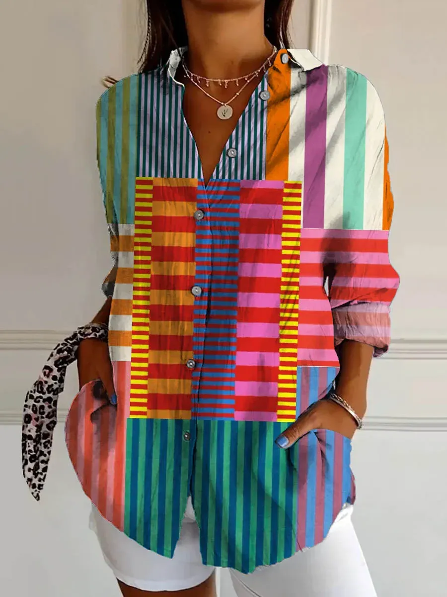 WOMEN'S ABSTRACT LINE COTTON LINEN SHIRT