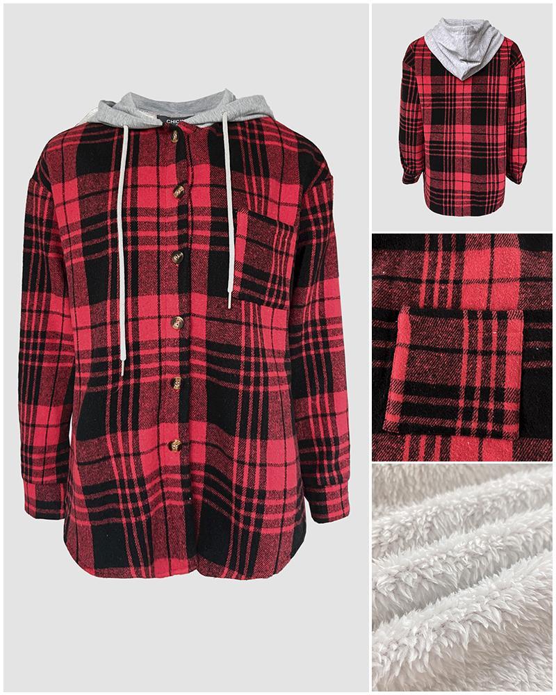 Plaid Pattern Long Sleeve Shacket Button Down Fleece Lined Hooded Jackets Warm Coat