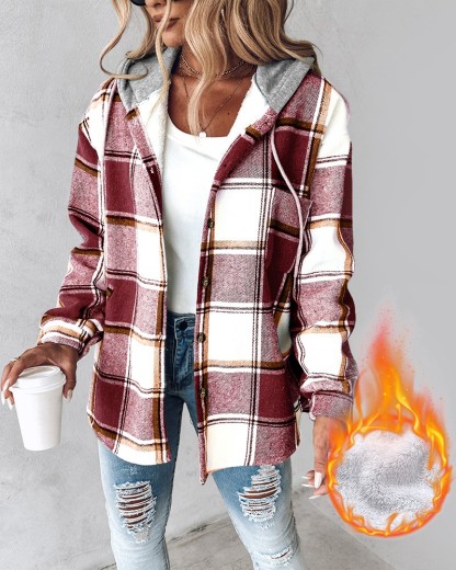 Plaid Pattern Long Sleeve Shacket Button Down Fleece Lined Hooded Jackets Warm Coat