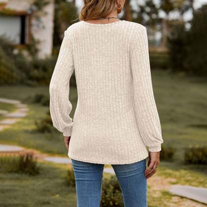 Women's Fall Button Scoop Neck Puff Long Sleeve Henley Shirts