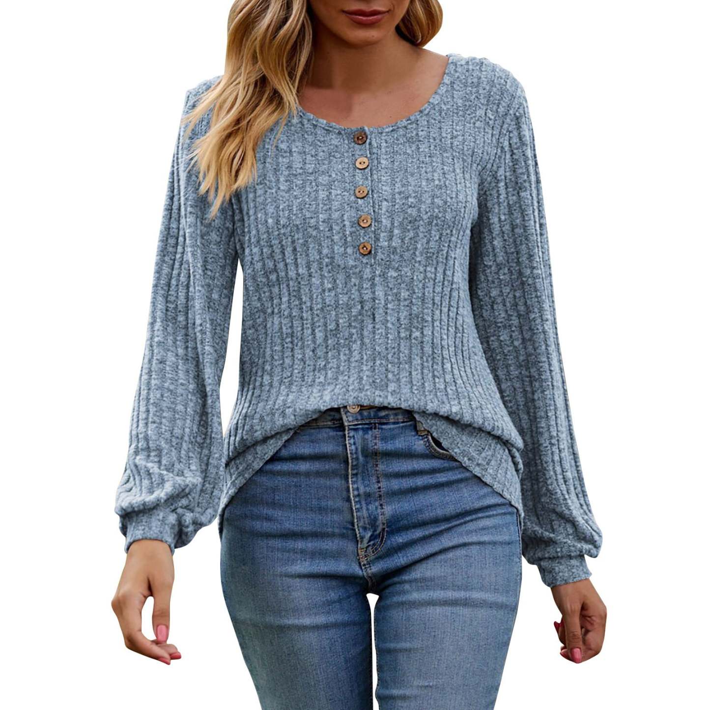 Women's Fall Button Scoop Neck Puff Long Sleeve Henley Shirts