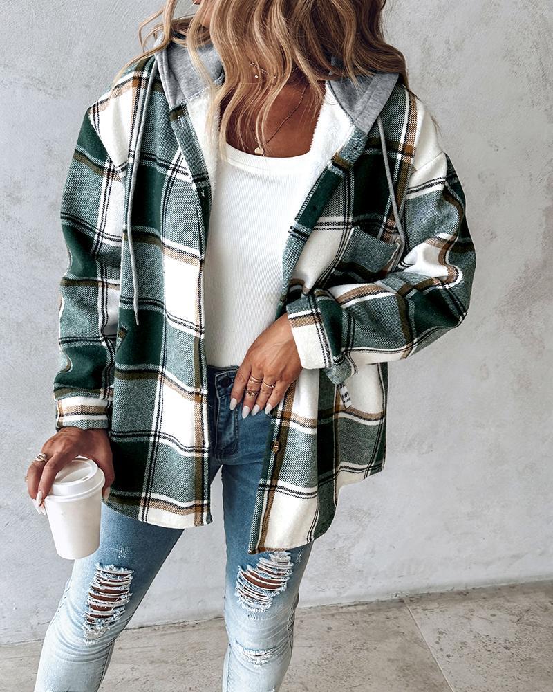 Plaid Pattern Long Sleeve Shacket Button Down Fleece Lined Hooded Jackets Warm Coat