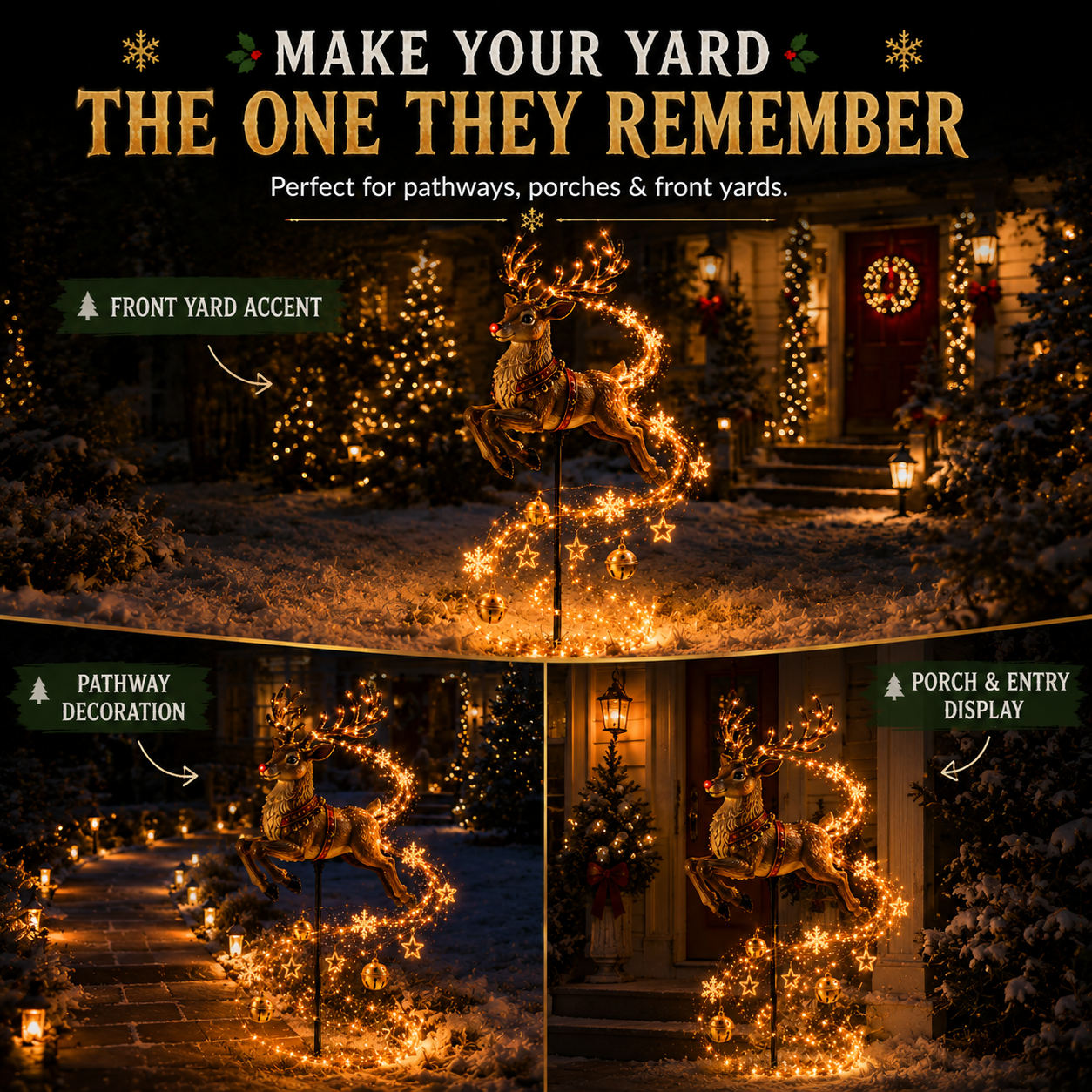 Christmas Magic Garden light in front yard pathway and porch displays