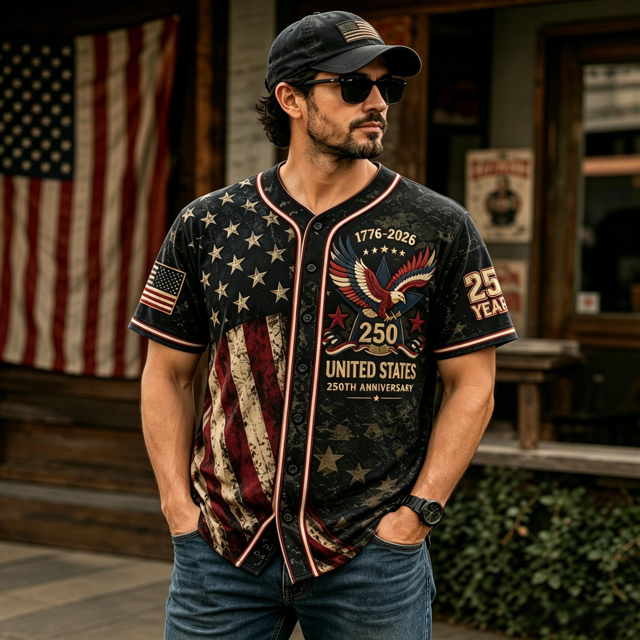Vintage-style baseball jersey commemorating the 250th anniversary of the founding of the United States.