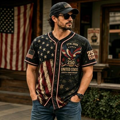 Vintage-style baseball jersey commemorating the 250th anniversary of the founding of the United States.