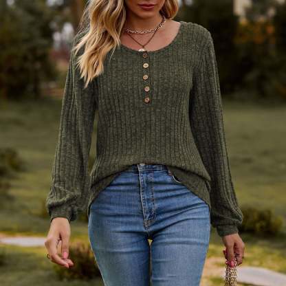 Women's Fall Button Scoop Neck Puff Long Sleeve Henley Shirts
