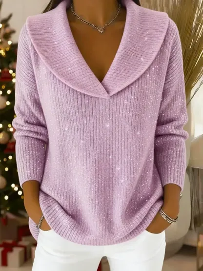 Women's Solid Color V-neck Casual Loose Sequined Knit Top