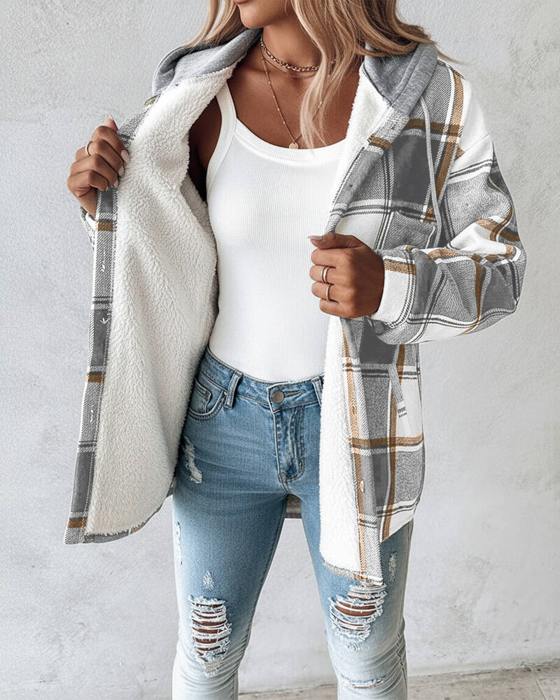 Plaid Pattern Long Sleeve Shacket Button Down Fleece Lined Hooded Jackets Warm Coat
