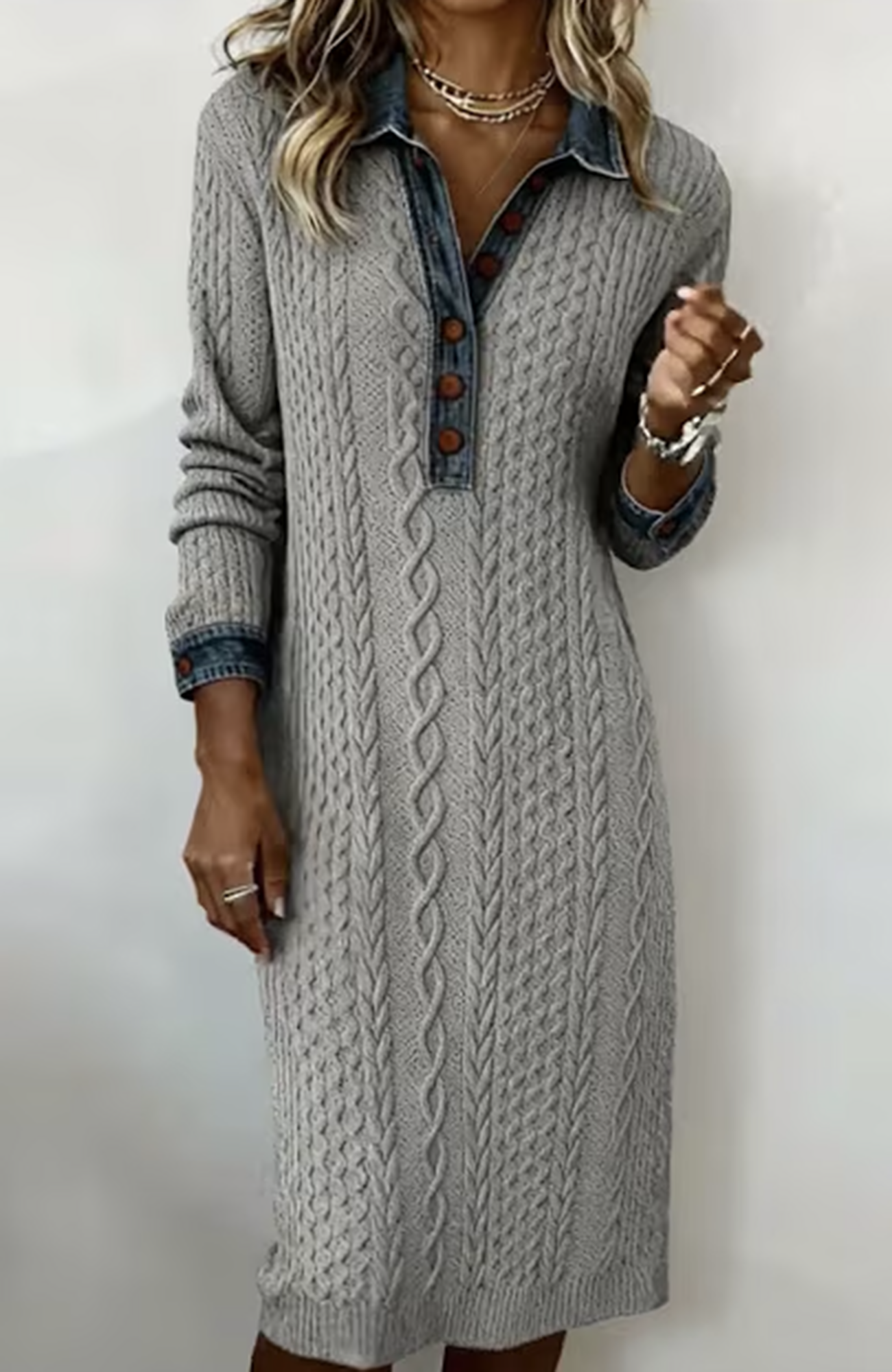 🎄Clearance Sale! 🔥Autumn/Winter Retro Cable Knit and Denim Patchwork Dress