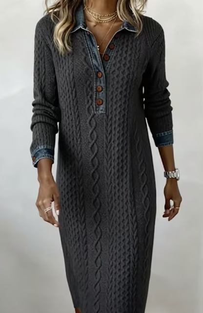 🎄Clearance Sale! 🔥Autumn/Winter Retro Cable Knit and Denim Patchwork Dress