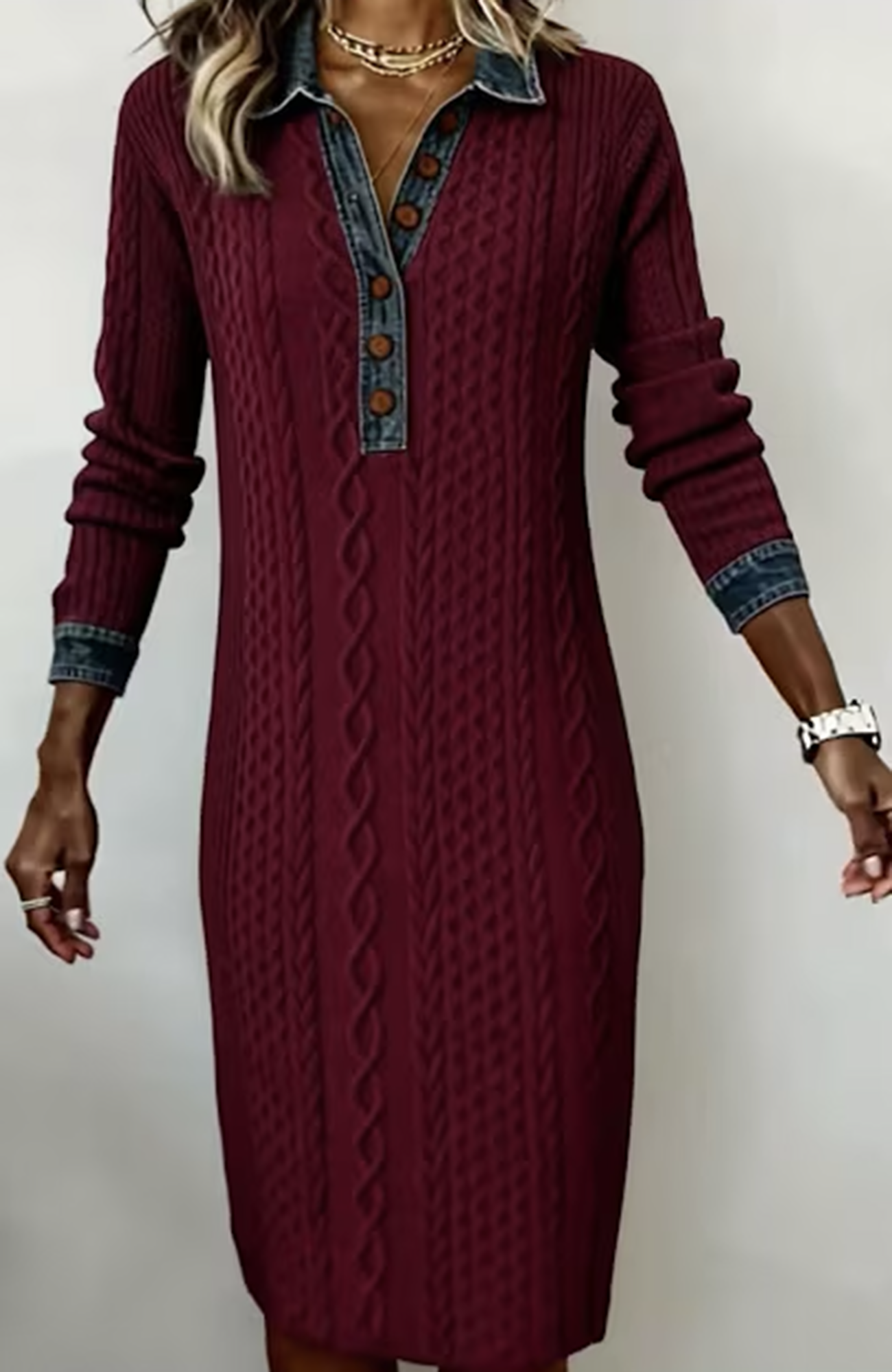 🎄Clearance Sale! 🔥Autumn/Winter Retro Cable Knit and Denim Patchwork Dress