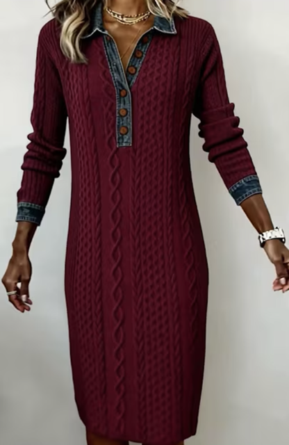 🎄Clearance Sale! 🔥Autumn/Winter Retro Cable Knit and Denim Patchwork Dress