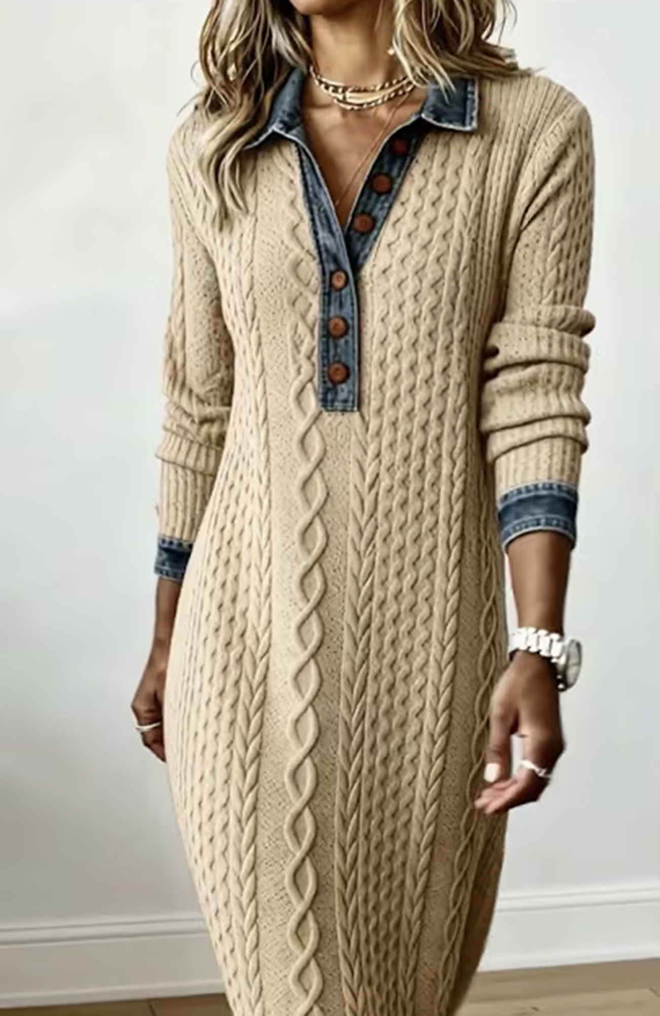 🎄Clearance Sale! 🔥Autumn/Winter Retro Cable Knit and Denim Patchwork Dress