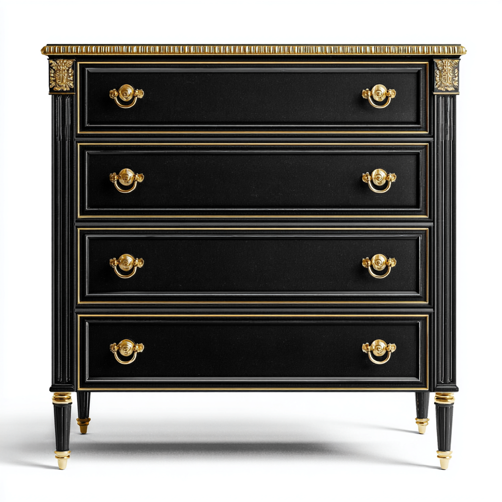 Cassettiera in legno massello 100x45x90 cm - nero e oro - stile classico elegante-Hutete