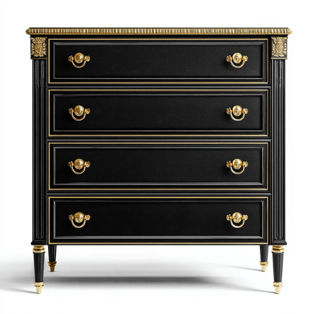 Cassettiera in legno massello 100x45x90 cm - nero e oro - stile classico elegante-Hutete