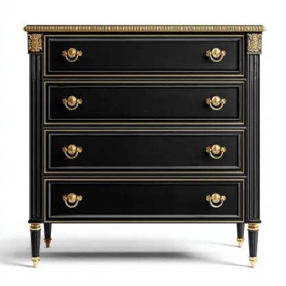 Cassettiera in legno massello 100x45x90 cm - nero e oro - stile classico elegante-Hutete