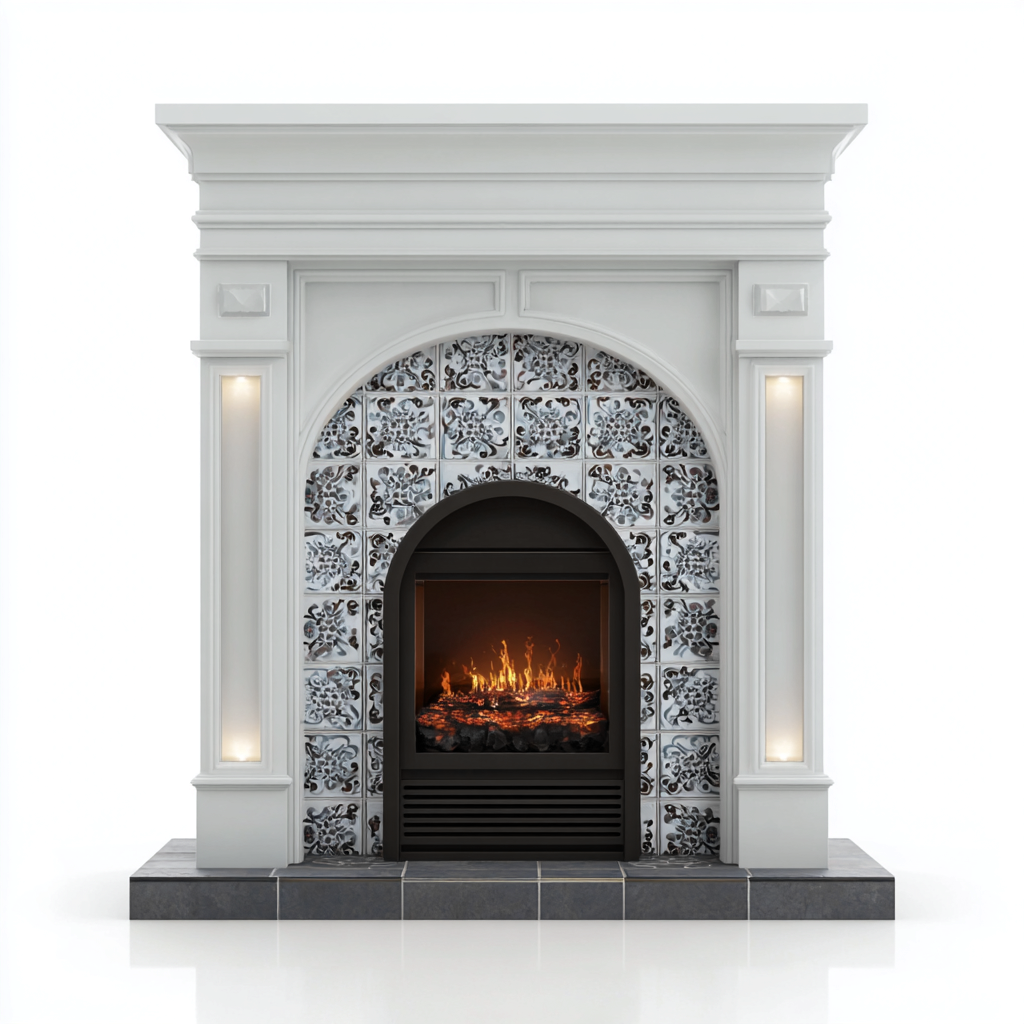 Camino elettrico in ceramica e legno 130x45x115 cm - bianco-grigio - stile classico-Hutete