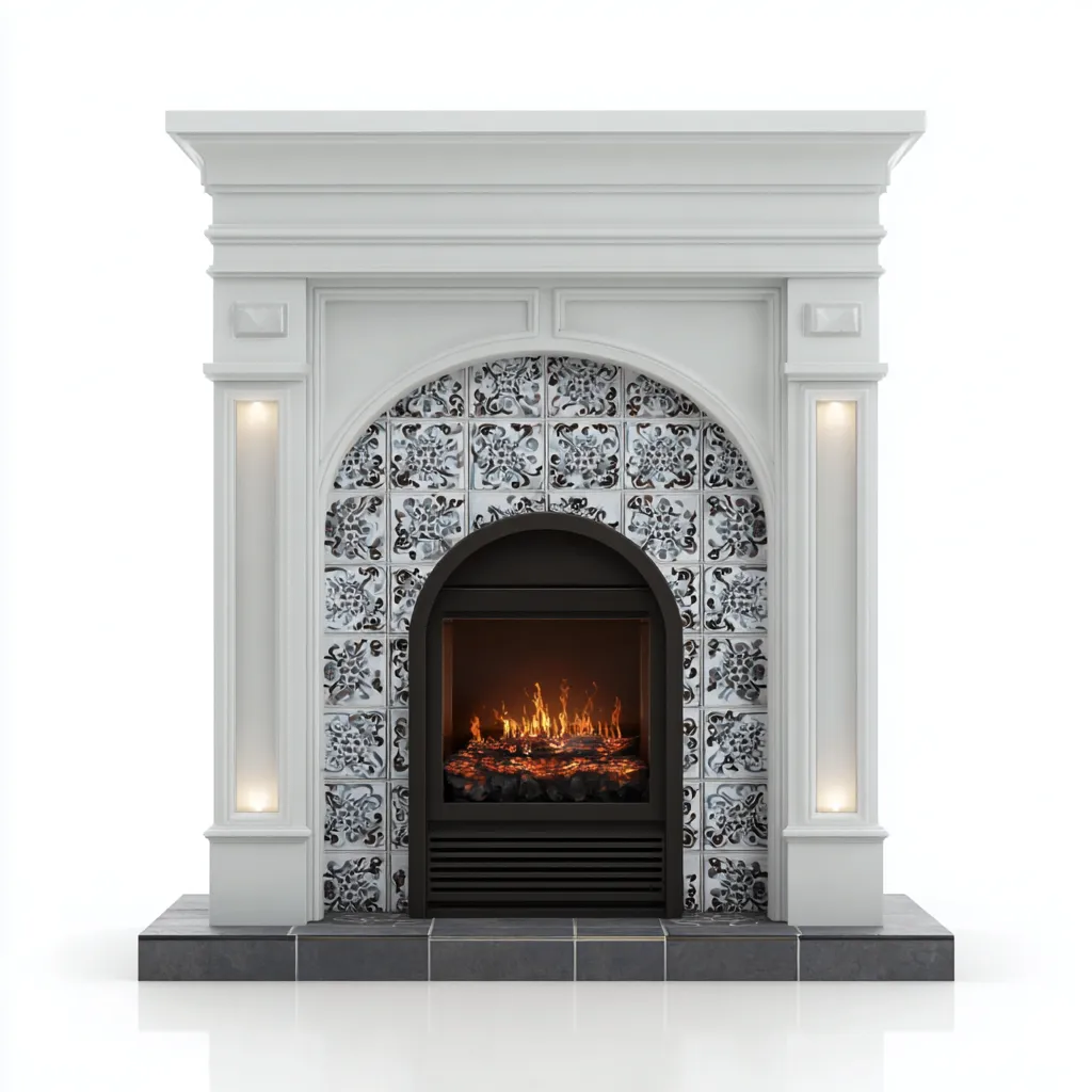 Camino elettrico in ceramica e legno 130x45x115 cm - bianco-grigio - stile classico-Hutete