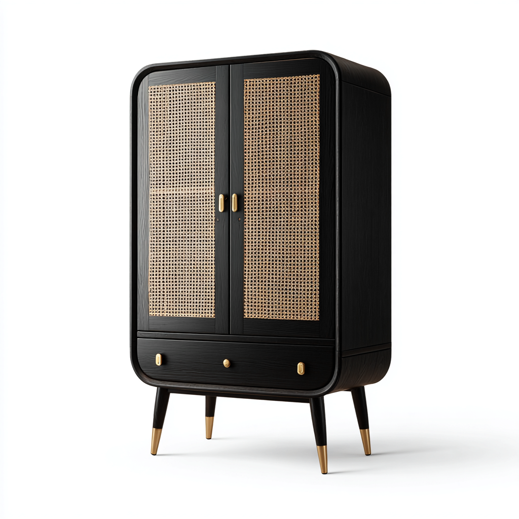 Armadio moderno in legno 115x50x180 cm - nero - con spazi di archiviazione e dettagli in rattan naturale-Hutete