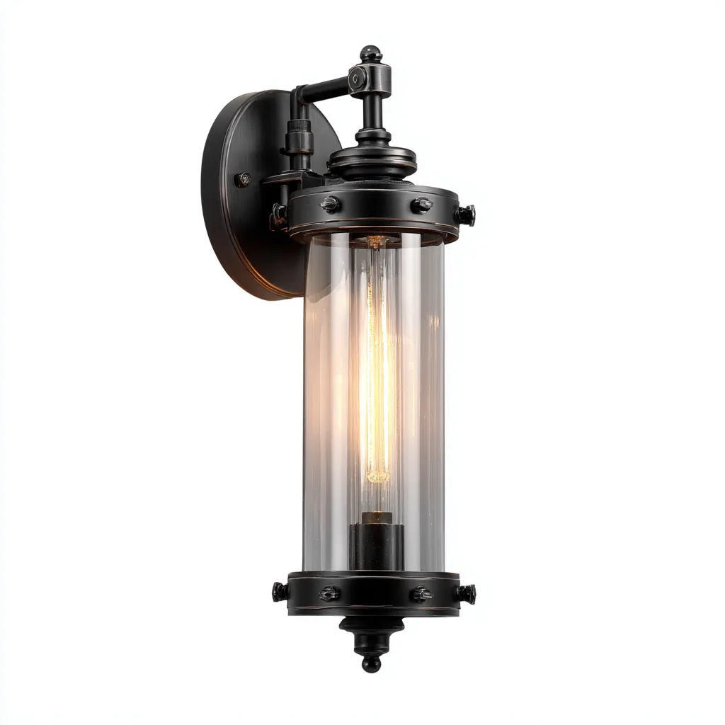 Applique in metallo e vetro - 15x18x36 cm - nero - stile industrial vintage-Hutete