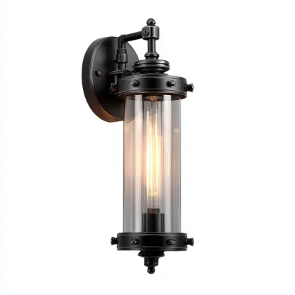 Applique in metallo e vetro - 15x18x36 cm - nero - stile industrial vintage-Hutete