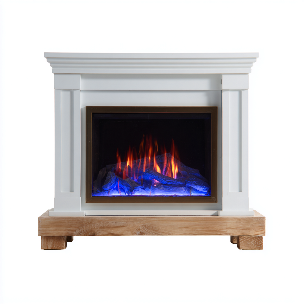 Camino elettrico a LED 100x28x90 cm - bianco-legno naturale - design classico con fiamma blu-arancione e base in rovere-Hutete