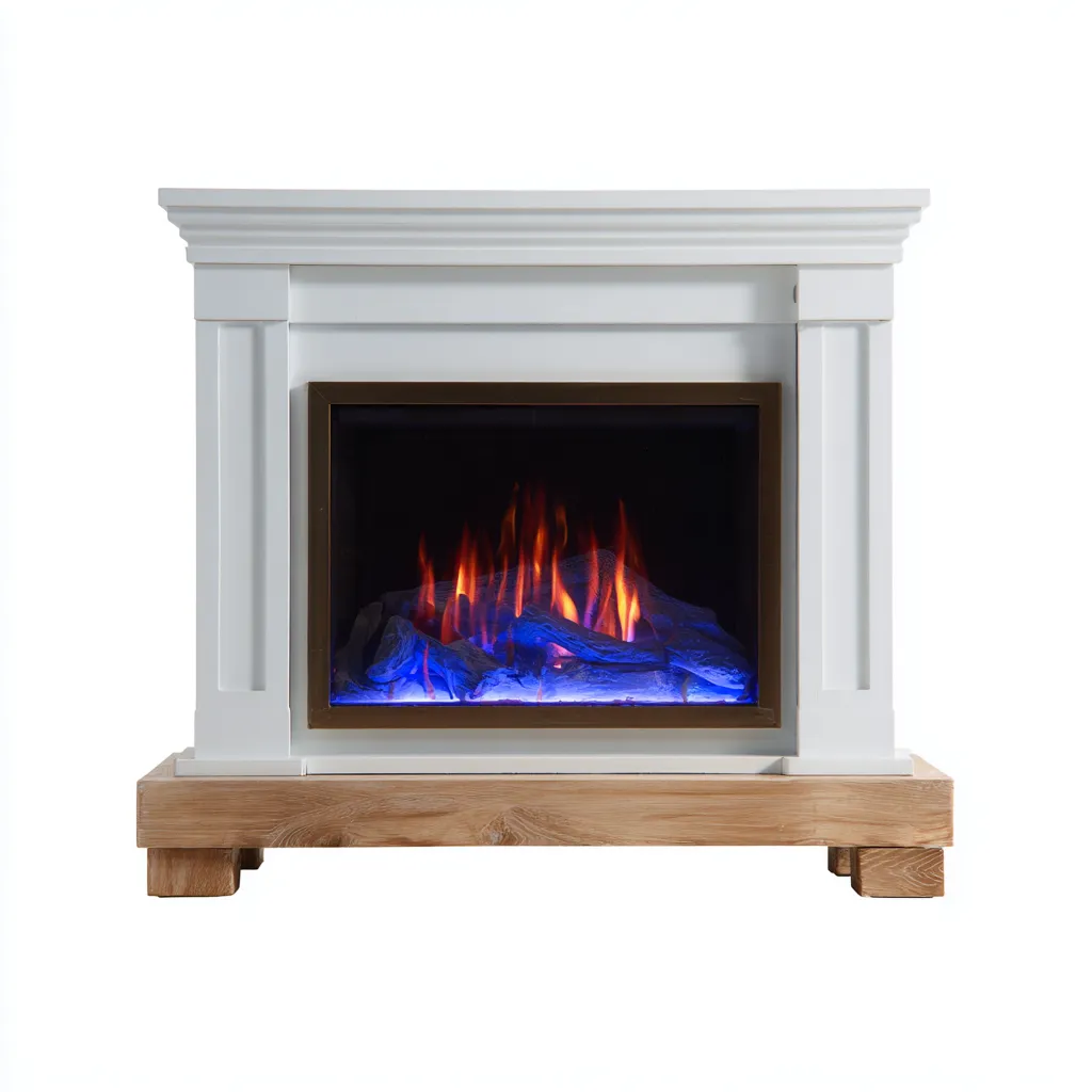 Camino elettrico a LED 100x28x90 cm - bianco-legno naturale - design classico con fiamma blu-arancione e base in rovere-Hutete