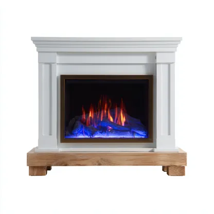 Camino elettrico a LED 100x28x90 cm - bianco-legno naturale - design classico con fiamma blu-arancione e base in rovere-Hutete