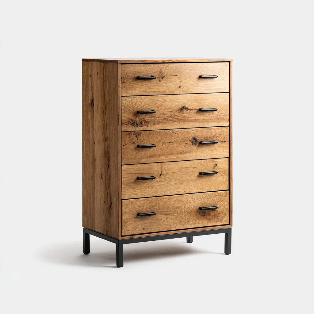 Cassettiera in legno di rovere 80x45x115 cm - colore naturale e nero - stile industriale moderno-Hutete