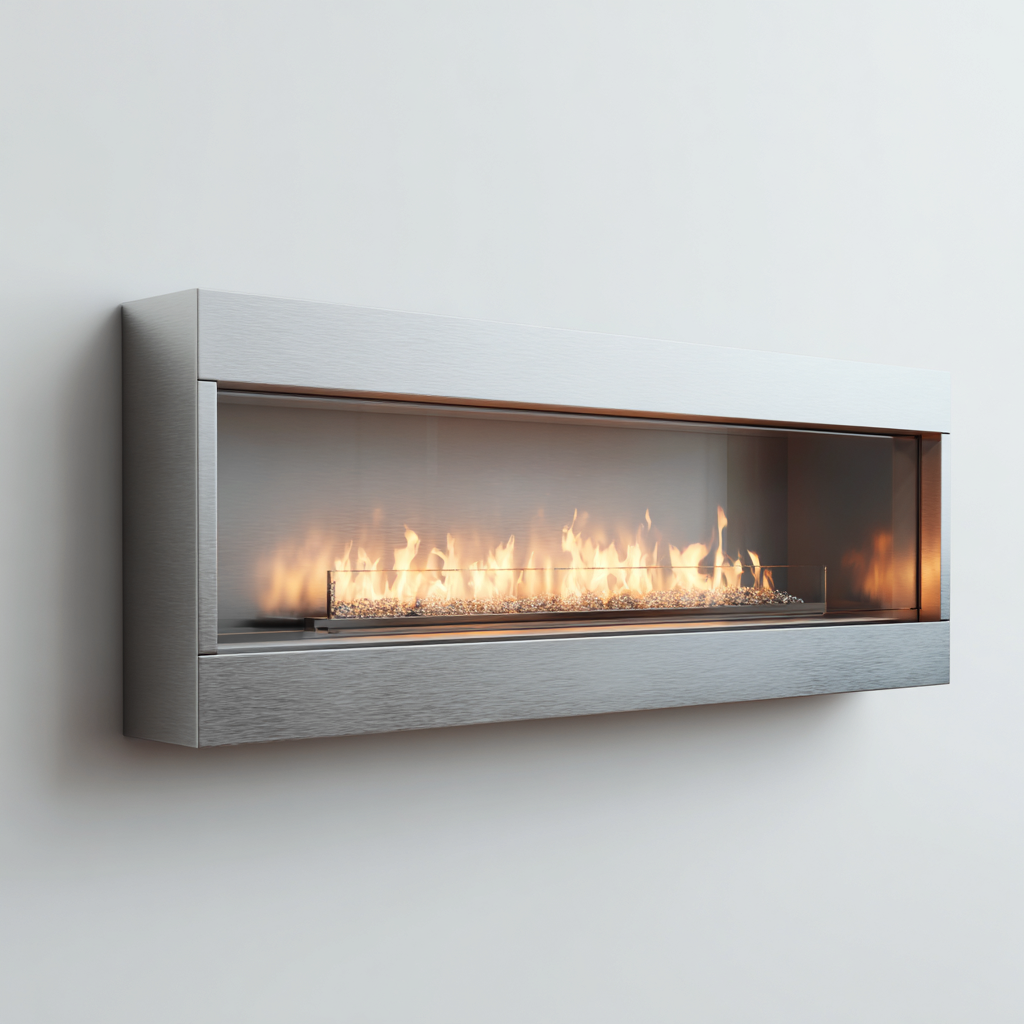 Camino da parete in acciaio inox 110x20x50 cm - argento - design moderno a bioetanolo-Hutete