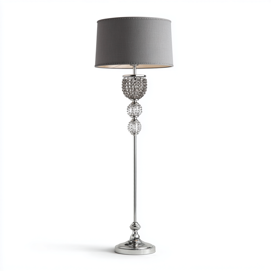 Lampada da terra in metallo 35x35x160 cm - argento-grigio - design moderno con cristalli decorativi-Hutete