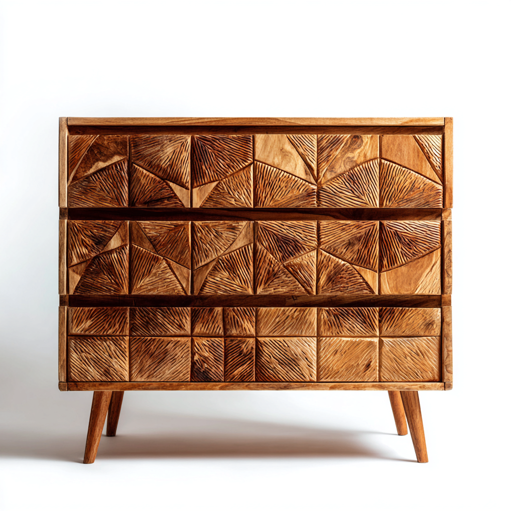 Cassettiera in legno massello intagliato 95x45x85 cm - colore naturale - stile etnico artigianale-Hutete