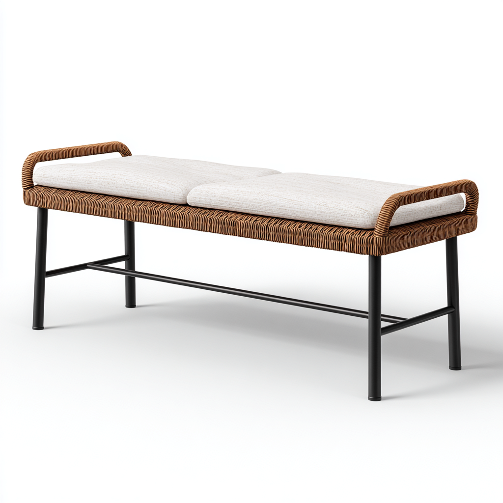 Panca da giardino in rattan sintetico e metallo 130x45x50 cm - marrone-beige - stile moderno-Hutete